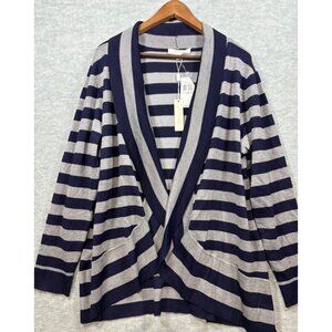 Pointelle Womens Striped Cardigan Sweater 1X Navy & Gray